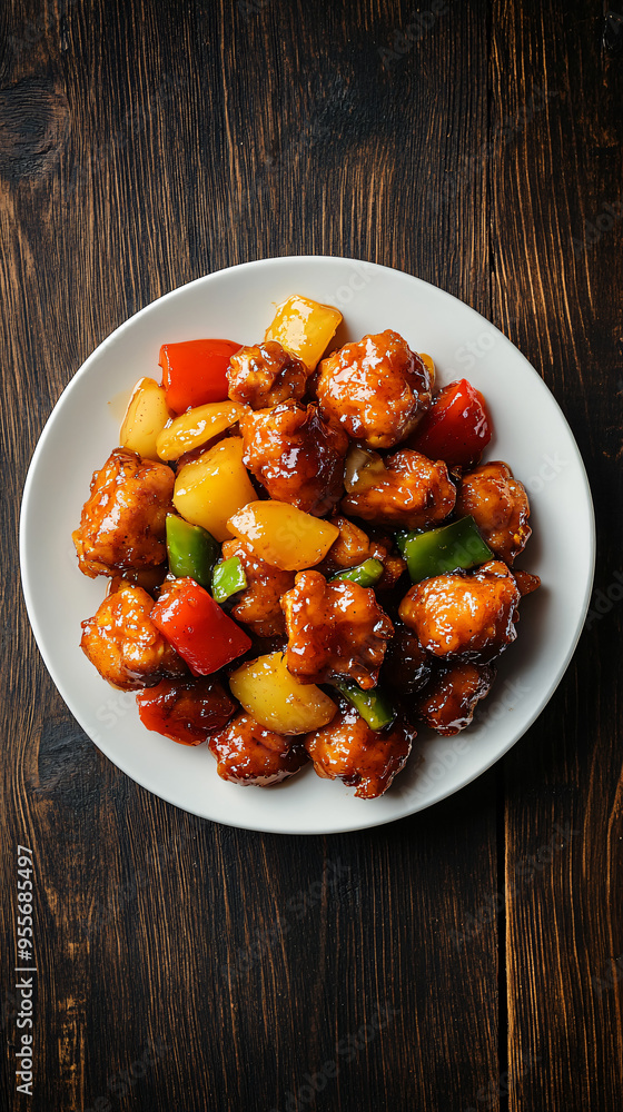 Sweet and sour chicken with bell pepper and pineapple is served on a white plate Sweet and sour chicken with bell pepper and pineapple is served on a white plate