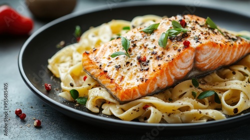 elevate your pasta dishes with tender salmon fillets and creamy sauce embody culinary excellence perfect for a concept banner photo