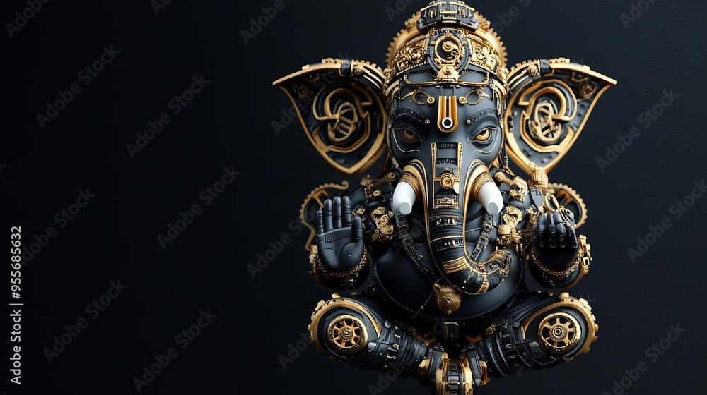 Fototapeta premium Ganesha with mechanical tusks and trunk, exposed gears, futuristic and steampunk fusion