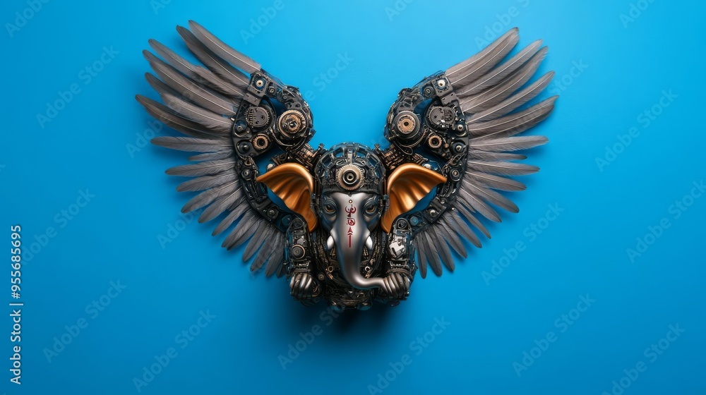 Fototapeta premium Ganesha with mechanical wings, metallic feathers, and exposed gear mechanisms, futuristic deity concept