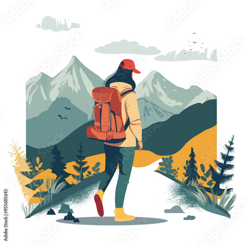 Hiking woman with backpack on the background of mountains. Vector illustration