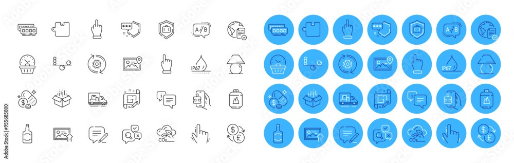 Open box, Truck transport and Table lamp line icons pack. Write, Photo location, Medicine price web icon. Inspect, Waterproof, Cursor pictogram. Info, Cogwheel, Ab testing. Puzzle. Vector Open box, Truck transport and Table lamp line icons pack. Write, Photo location, Medicine price web icon. Inspect, Waterproof, Cursor pictogram. Info, Cogwheel, Ab testing. Puzzle. Vector