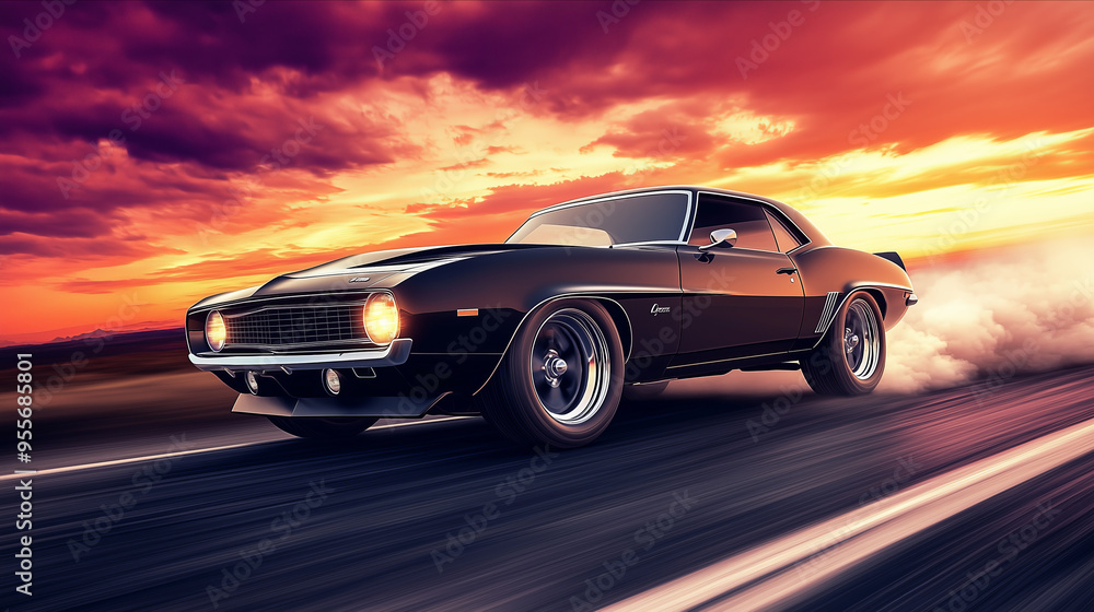 A roaring classic American muscle car speeding down a desert highway at sunset, with vibrant orange and purple skies reflecting off the polished chrome, dust kicking up behind the tires A roaring classic American muscle car speeding down a desert highway at sunset, with vibrant orange and purple skies reflecting off the polished chrome, dust kicking up behind the tires