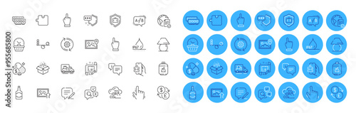 Open box, Truck transport and Table lamp line icons pack. Write, Photo location, Medicine price web icon. Inspect, Waterproof, Cursor pictogram. Info, Cogwheel, Ab testing. Puzzle. Vector