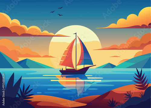 Man sailing away on calm ocean water at sunset near tropical island-