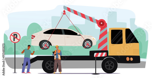 Tow Truck Lifting A Car In A No Parking Zone, With A Traffic Officer And A Distressed Driver Characters, Vector Image