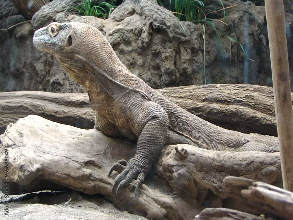 Komodo dragon resting on a branch in a zoo habitat, showcasing its powerful physique and unique features
Komodo dragon resting on a branch in a zoo habitat, showcasing its powerful physique and unique features