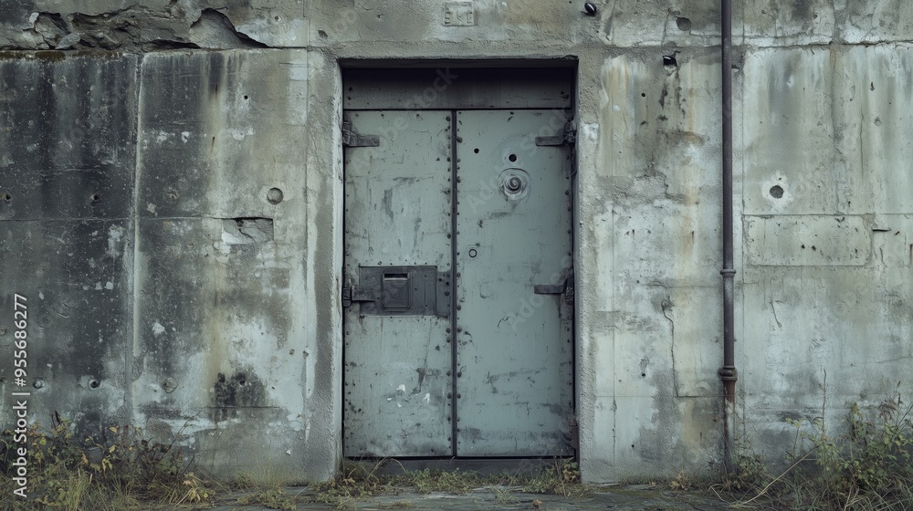 A concrete bunker with a closed iron door, captured in a direct view of the entrance. Bunker with robust concrete and solid door gives a sense of isolation. A concrete bunker with a closed iron door, captured in a direct view of the entrance. Bunker with robust concrete and solid door gives a sense of isolation.
