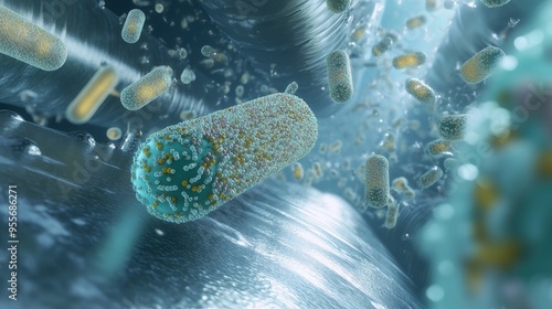 3D rendering of Legionella pneumophila causing Legionnaires' disease, with bacteria colonizing a cooling tower photo