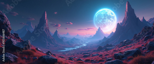 Alien planet landscapes with surreal terrain filled with unusual rock formations glowing vegetation and shimmering planetary atmospheres.
