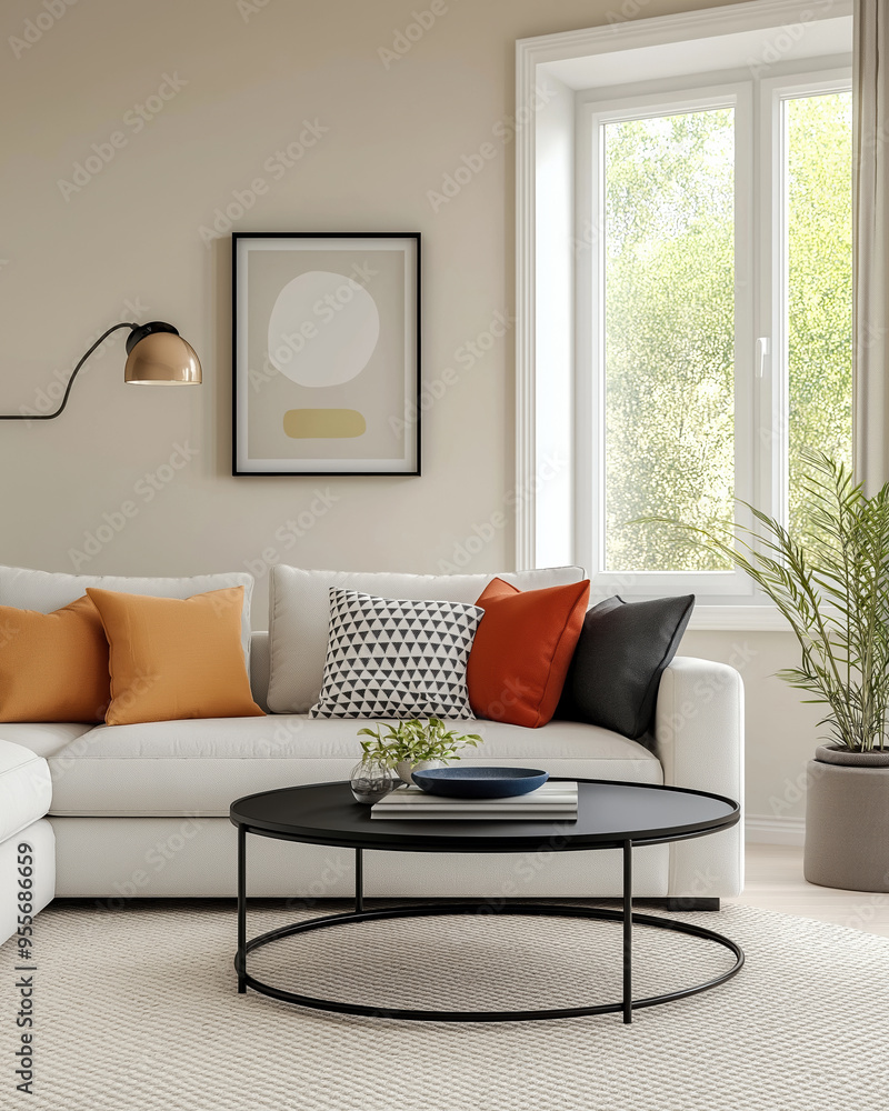 Fototapeta premium Modern Living Room with White Sofa and Geometric Accent Pillows