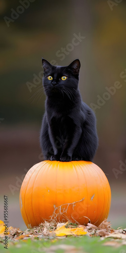 Sinister black cat perched on a pumpkin