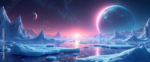 Frozen planets with dazzling celestial reflections bouncing off the icy surface creating a surreal and beautiful cosmic landscape in the farthest reaches of space. photo