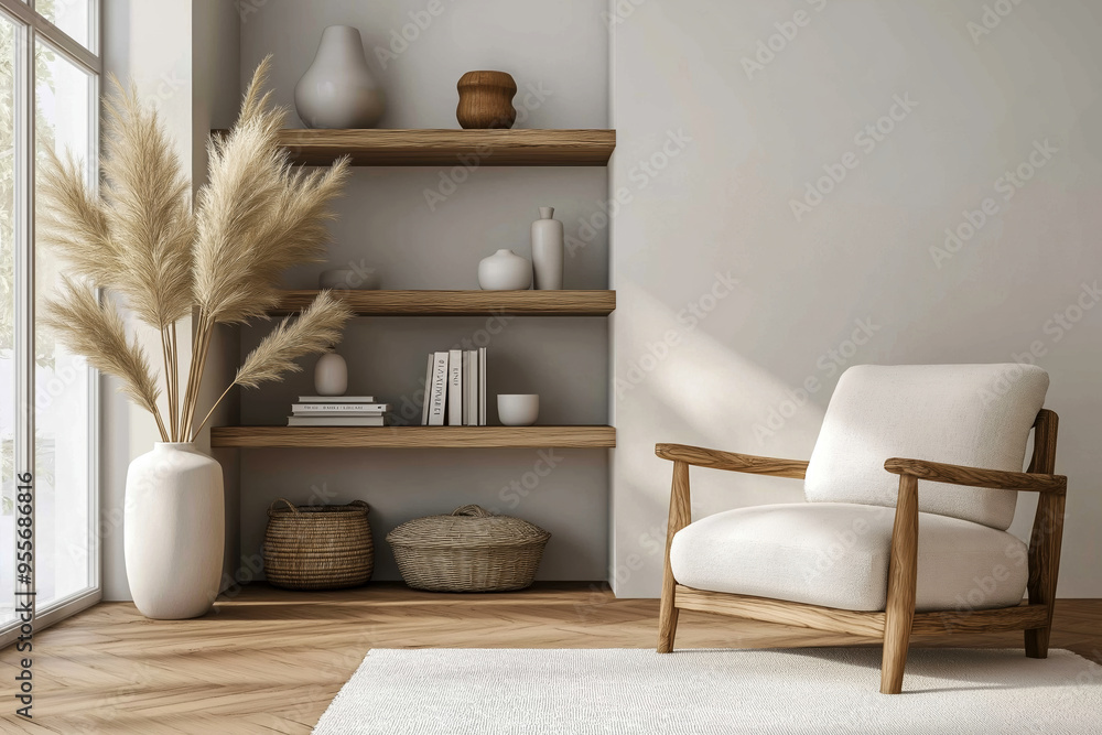 Cozy Reading Corner with Wooden Armchair and Floating Shelves Cozy Reading Corner with Wooden Armchair and Floating Shelves