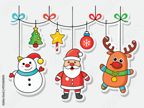 Christmas Stickers with Santa Claus, Reindeer, Snowman Hanging on Strings, Cutout PNG File, Perfect for Holiday Sticker Design, Festive Crafts, and Seasonal Printables on Transparent Background