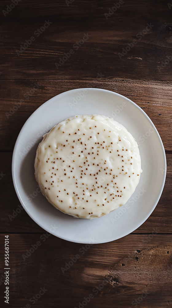 Delicious round cake with white icing and sprinkles sits on a white plate on a wooden table Delicious round cake with white icing and sprinkles sits on a white plate on a wooden table
