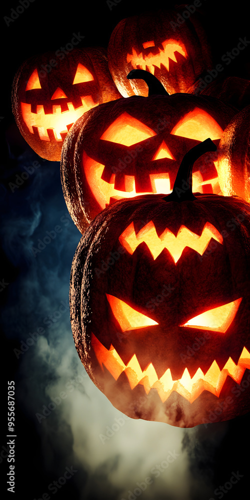 Fototapeta premium Sinister jack-o'-lanterns lining a cobblestone path