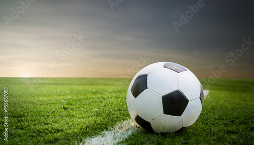 A white and black soccer ball is sitting on the grass