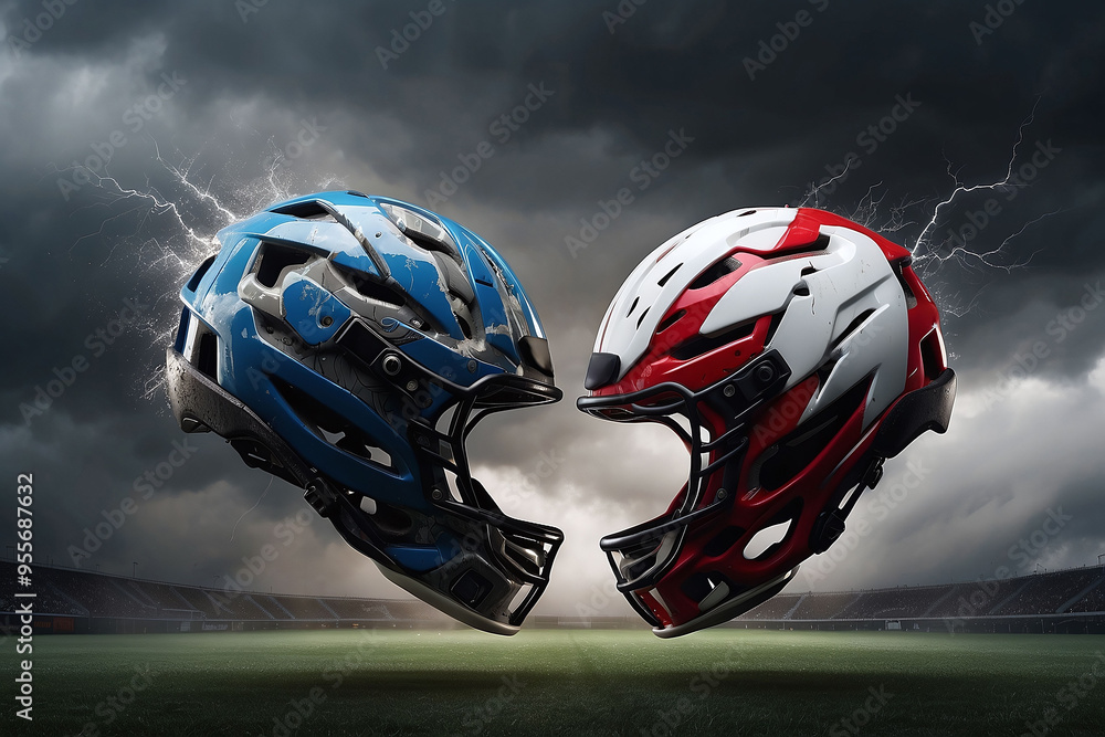 Two soccer helmets facing each other against a field with an overcast sky and a thunderstorm in the background. A confrontation between two teams. Football helmet on the ground Two soccer helmets facing each other against a field with an overcast sky and a thunderstorm in the background. A confrontation between two teams. Football helmet on the ground