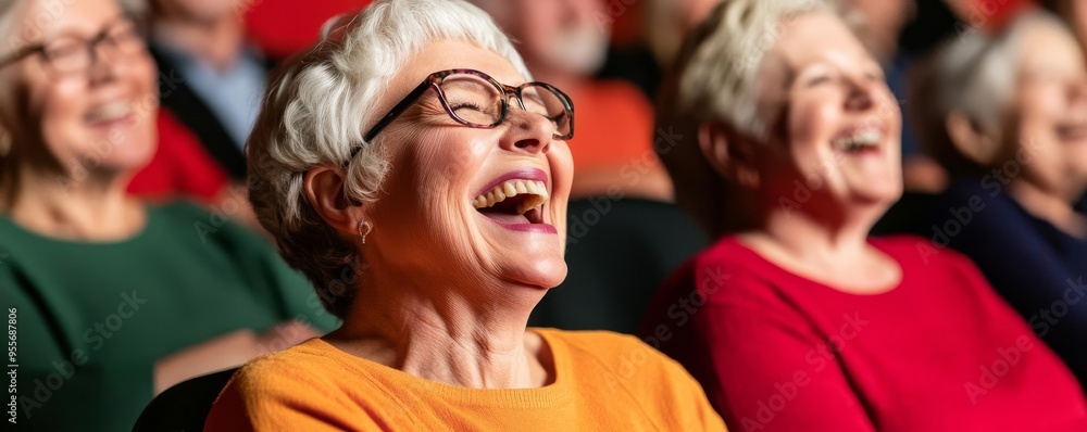 Group of seniors attending a comedy show, laughing together, cheerful and lively performance space Group of seniors attending a comedy show, laughing together, cheerful and lively performance space