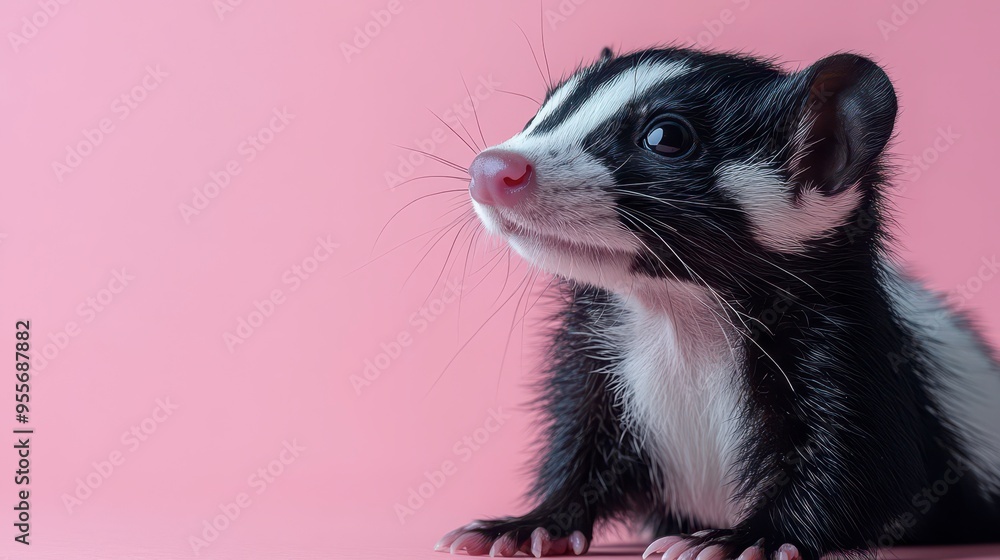 Cute furry animal with striking black and white fur on a pink background Cute furry animal with striking black and white fur on a pink background