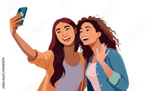 Two happy female friends taking selfie together posing with smartphone-