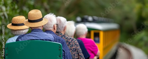 Group of seniors attending a mini-train ride, enjoying a scenic route, nostalgic and fun photo