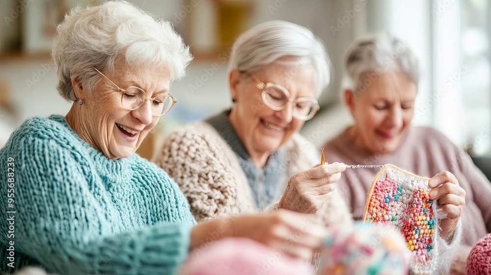 Group of seniors attending a needlework club, creating together, cozy and creative environment Group of seniors attending a needlework club, creating together, cozy and creative environment