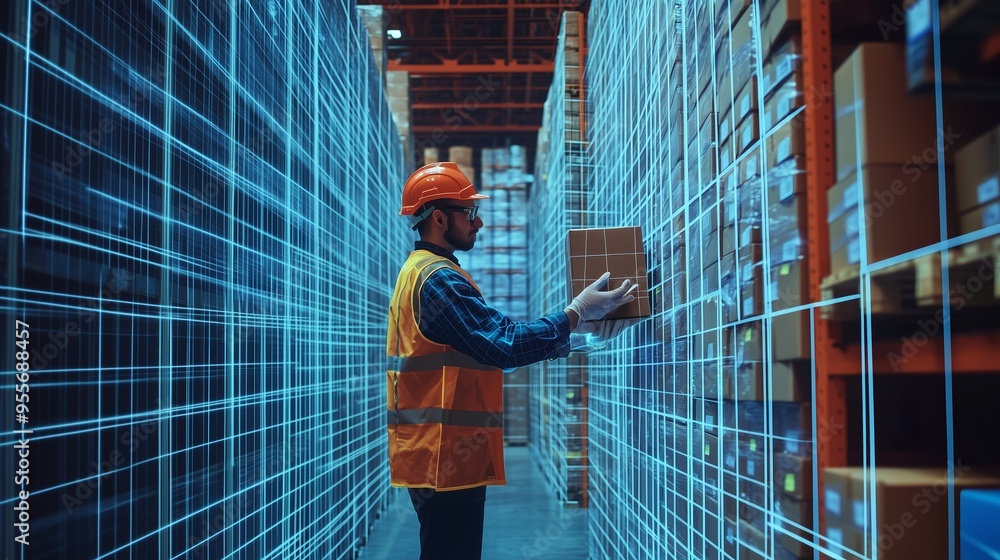 A worker in a warehouse uses augmented reality to identify and organize packages during daylight hours in a bustling distribution center A worker in a warehouse uses augmented reality to identify and organize packages during daylight hours in a bustling distribution center