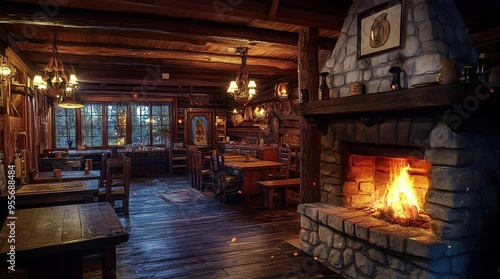 Cozy cabin room with a warm fireplace glowing in a rustic wooden interior
seamless looping 4k time-lapse virtual video animation background. generated ai