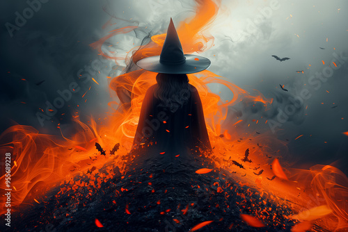 A mysterious witch stands at the edge of a fiery landscape, cloaked in darkness, surrounded by swirling flames and bats, evoking the spirit of Halloween photo