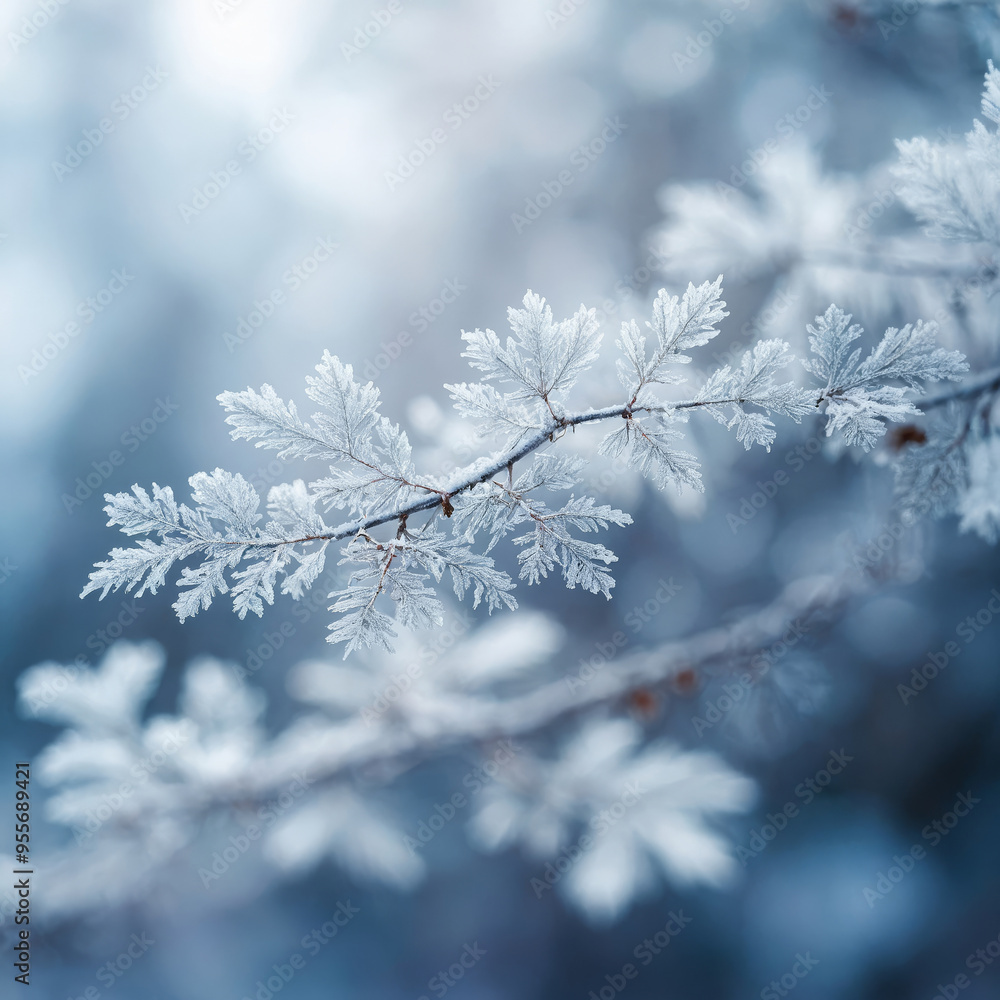 Obraz premium branch in snow , snow-covered tree branch covered with hoarfrost , New Year's winter background