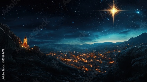 Star of Bethlehem shining bright over a quiet town in the night