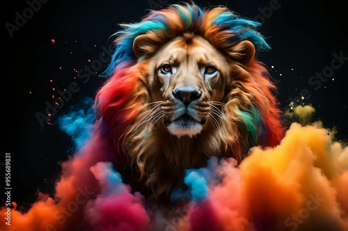 Lion in a splash explosion of colors, variegated paint burst. Vibrant lion head with smoke colorful paint splatter on dark background photo