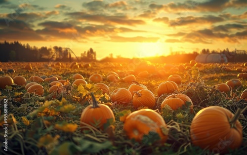 Vast pumpkin patch at sunset showcasing rows of pumpkins in golden light, highlighting the beauty of the harvest season photo