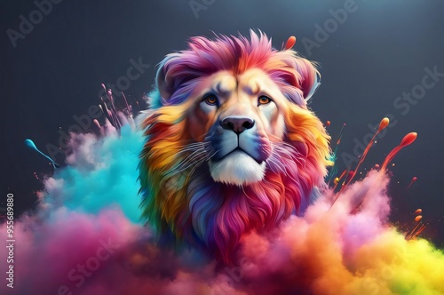 Lion in a splash explosion of colors, variegated paint burst. Vibrant lion head with smoke colorful paint splatter on dark background photo