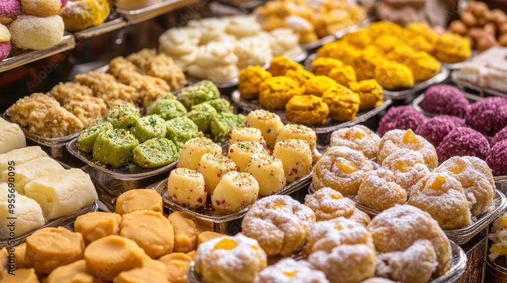 Assorted Indian sweets in trays displayed in a market Assorted Indian sweets in trays displayed in a market