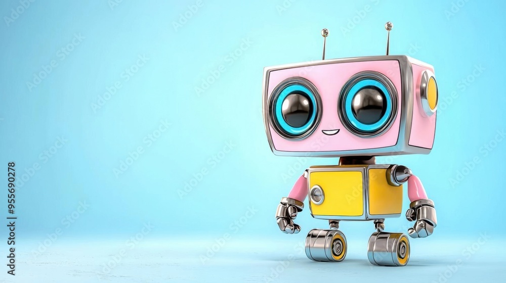 A clumsy robot with a square body and round head, 2D cartoon style, pastel colors