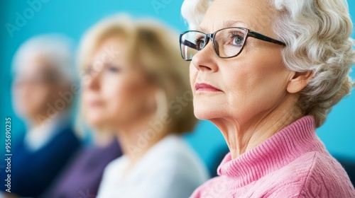 Seniors attending a health seminar, listening attentively, learning about wellness, bright meeting room