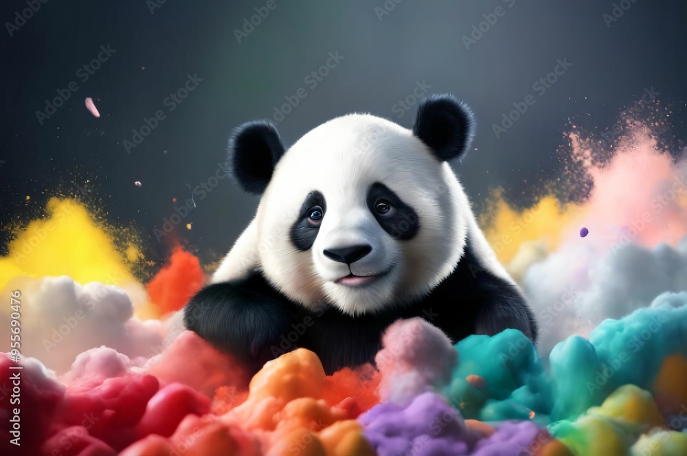 Panda in a splash explosion of colors, variegated paint burst. Vibrant panda head with smoke colorful paint splatter on dark background Panda in a splash explosion of colors, variegated paint burst. Vibrant panda head with smoke colorful paint splatter on dark background
