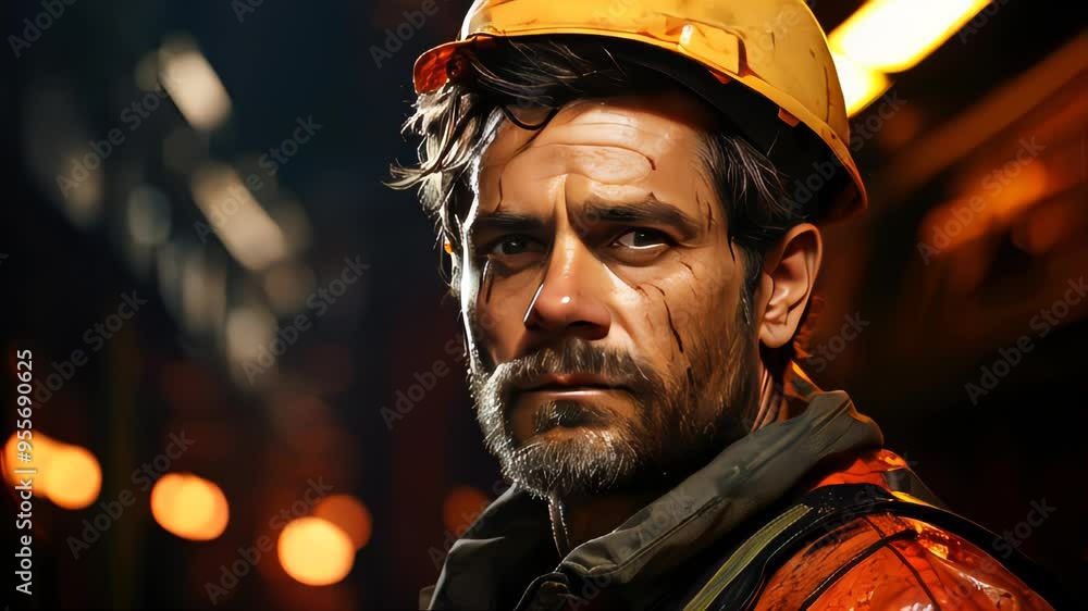 Smiling male worker in orange safety gear with a close-up view of his face Smiling male worker in orange safety gear with a close-up view of his face