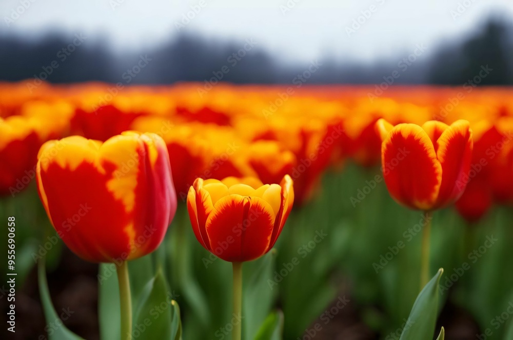 Obraz premium Field of tulips and sky. Red and yellow tulips. Mother's Day concept with place for text. Valentine's Day concept with copy space