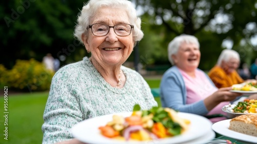 Seniors attending a park picnic, sharing food and laughter, outdoor and communal