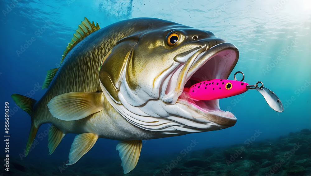 Largemouth bass freshwater fish striking pink lure in the lake, water animals and wildlife, nature background, fishing, catch and release