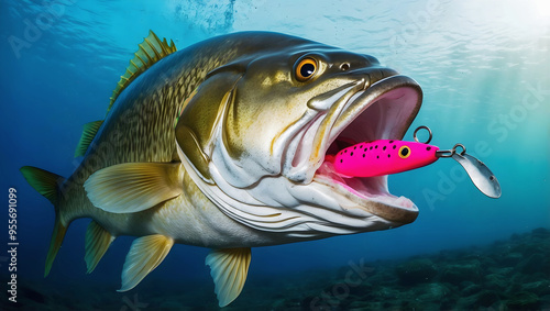 Obraz na płótnie Largemouth bass freshwater fish striking pink lure in the lake, water animals and wildlife, nature background, fishing, catch and release w salonie