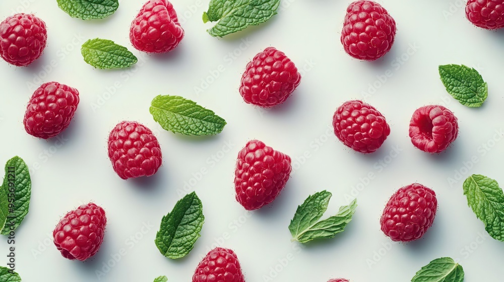 A vibrant arrangement of raspberries and mint leaves on a light background. A vibrant arrangement of raspberries and mint leaves on a light background.