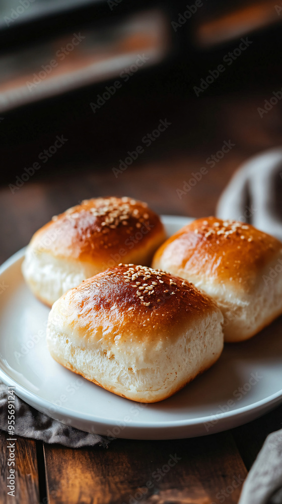 Three sesame seed-topped golden brown bread rolls are displayed on a white plate Three sesame seed-topped golden brown bread rolls are displayed on a white plate