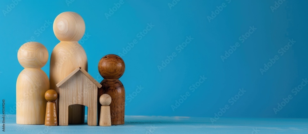 A Family Wooden Doll With Wooden House On A Blue Background
