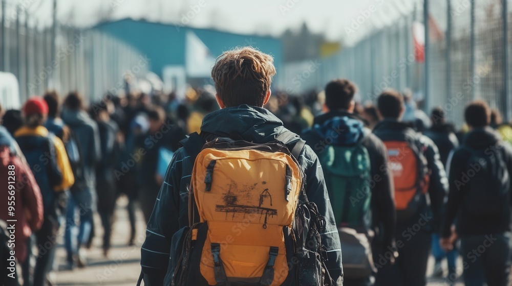 Refugees line up at a border, carrying their belongings in backpacks and suitcases, facing uncertainty and longing for a better future. Generative AI Refugees line up at a border, carrying their belongings in backpacks and suitcases, facing uncertainty and longing for a better future. Generative AI