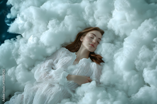 Woman sleeping in clouds white and grey tones blue background Restful and Dreamy Concept